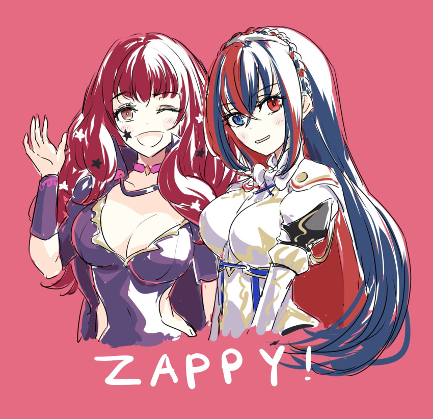 2girls ;d alear_(female)_(fire_emblem) alear_(fire_emblem) blue_eyes blue_hair bow bowtie breasts brown_eyes choker cleavage commentary fire_emblem fire_emblem_engage hand_up heterochromia highres juliet_sleeves large_breasts long_hair long_sleeves looking_at_viewer multicolored_hair multiple_girls one_eye_closed open_mouth pink_choker puffy_sleeves red_background red_eyes red_hair shirt simple_background smile split-color_hair streaked_hair umi_(_oneinchswing) upper_body very_long_hair white_bow white_bowtie white_shirt yunaka_(fire_emblem)