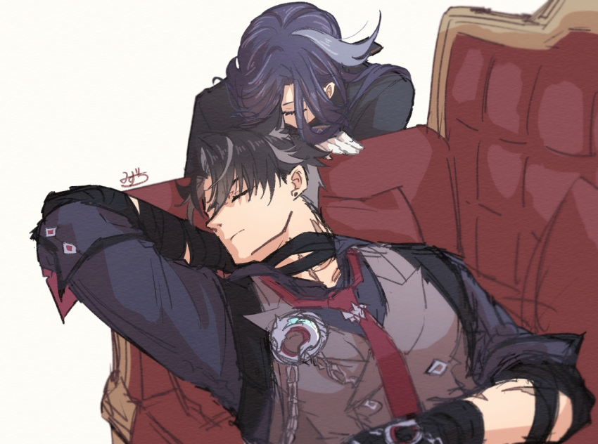 1boy 1girl animal_ear_fluff animal_ears bandaged_arm bandages black_gloves blue_shirt clorinde_(genshin_impact) closed_eyes couch earrings genshin_impact gloves grey_hair grey_vest hair_behind_ear hetero jewelry lying mizuchi_kai multicolored_hair necktie on_couch purple_hair red_necktie scar scar_on_arm shirt smelling_hair streaked_hair vest white_background white_gloves wriothesley_(genshin_impact)