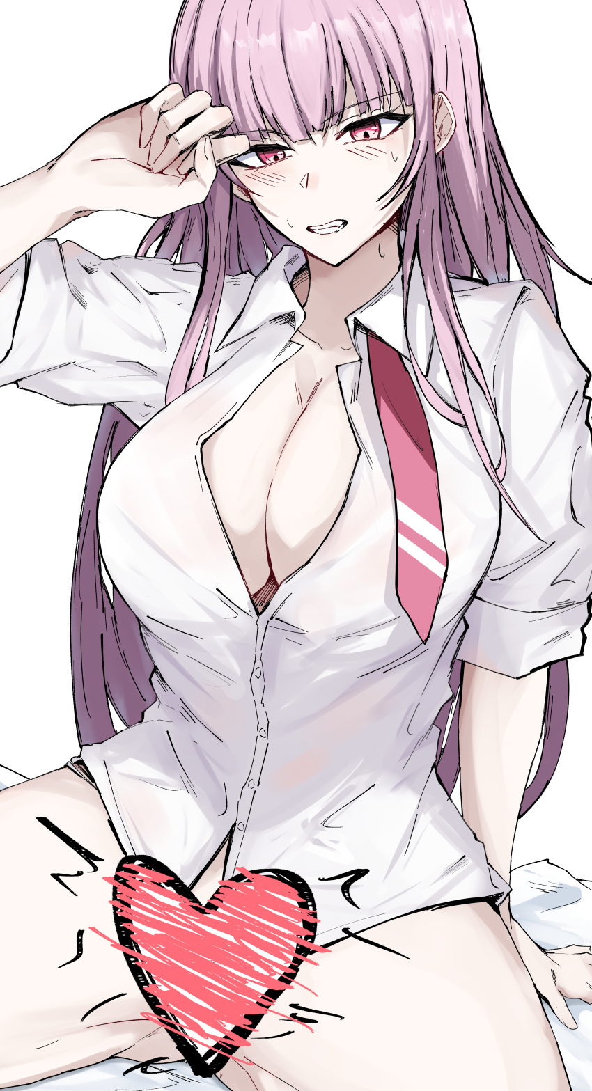 1girl absurdres alternate_costume arm_up blunt_bangs breasts censored cleavage collared_shirt heart heart_censor highres hololive hololive_english large_breasts long_hair looking_at_viewer mori_calliope naked_shirt necktie pink_hair red_eyes red_necktie sak1_01 shirt sidelocks solo virtual_youtuber white_background white_shirt