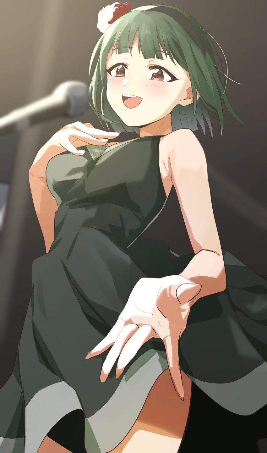 1girl absurdres bare_arms bare_shoulders black_dress black_hairband blush dress green_hair hairband hand_on_own_chest highres idolmaster idolmaster_(classic) katsu_(kana) looking_ahead microphone microphone_stand mole mole_under_mouth music otonashi_kotori short_hair singing sleeveless sleeveless_dress smile solo