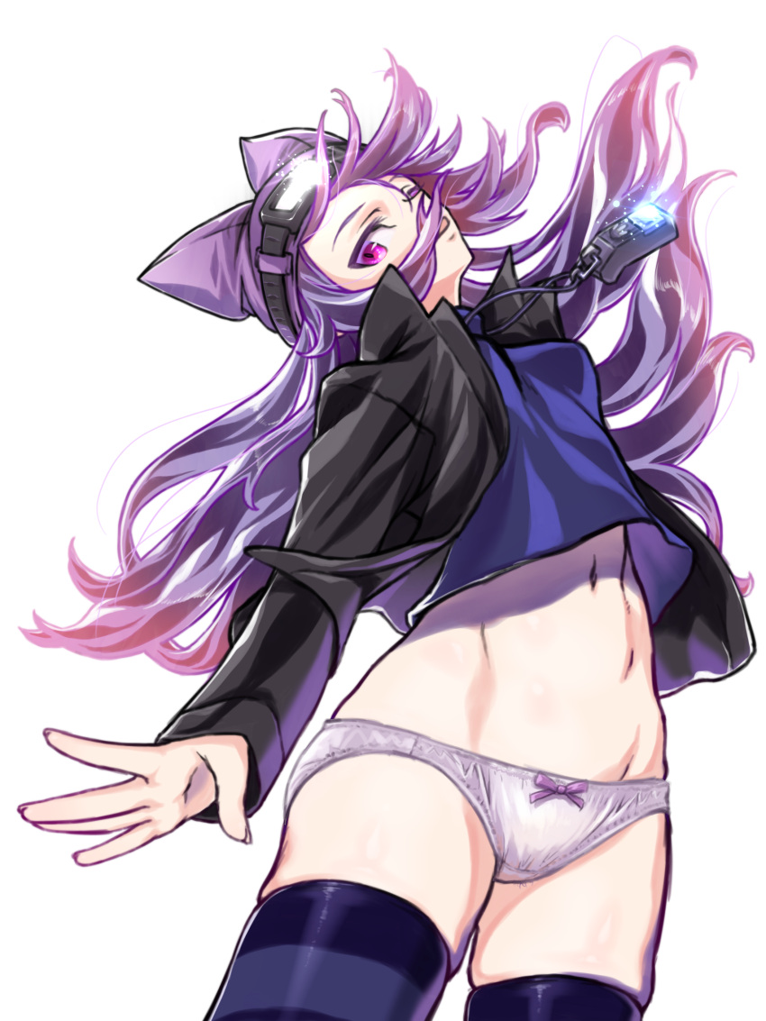 1girl absurdres black_jacket black_thighhighs digimon digimon_story:_cyber_sleuth digimon_story:_sunburst_and_moonlight digivice digivice_ic gerusyu goggles goggles_on_head hat highres jacket long_hair looking_at_viewer navel panties purple_eyes purple_hair sayo_(digimon) shorts simple_background skirt solo striped_clothes striped_thighhighs thighhighs underwear white_background white_panties
