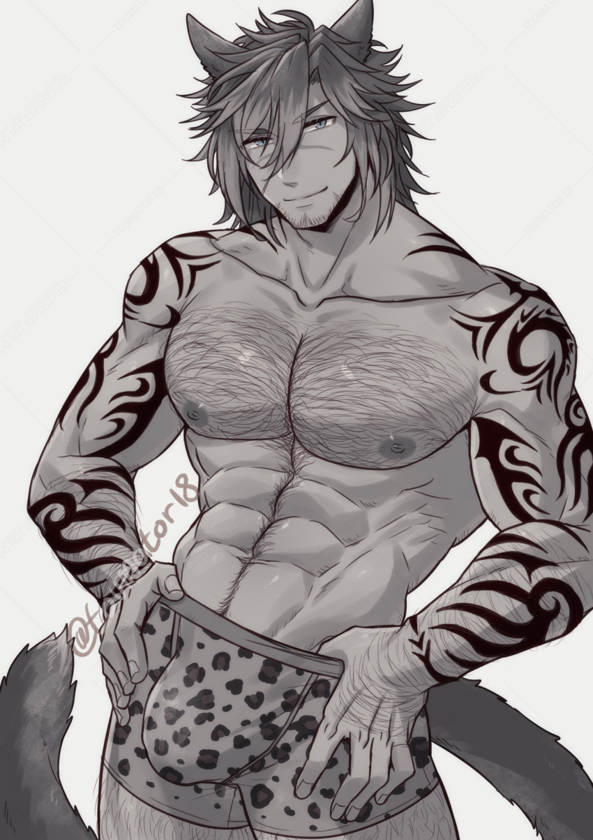5_fingers abs animal_humanoid areola biped body_hair bulge cat_humanoid chest_hair clothed clothing eyebrows felid felid_humanoid feline feline_humanoid final_fantasy final_fantasy_xiv fingers hair hi_res human humanoid looking_at_viewer male mammal mammal_humanoid miqo'te monochrome muscular muscular_humanoid muscular_male nipples pecs solo square_enix tail tailed_humanoid topless topless_humanoid topless_male toumator18 underwear underwear_only