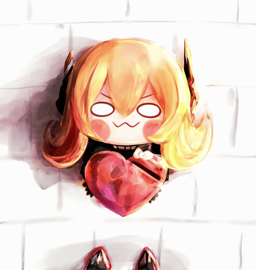 0w0 :3 absurdres black_jacket blonde_hair blush_stickers box chibi closed_mouth gift girls'_frontline hair_between_eyes headgear heart-shaped_box highres holding jacket long_hair looking_at_viewer m4_sopmod_ii_jr sidelocks smile solo solo_focus stuffing_scone valentine