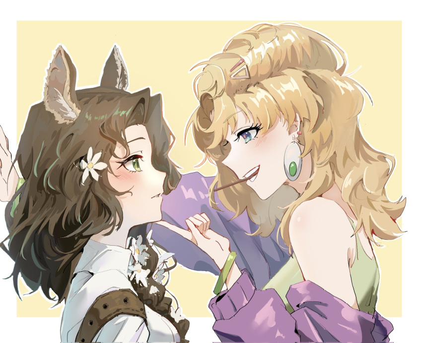 2girls :d animal_ears bare_shoulders blonde_hair blonney blush border bracelet brown_hair deer_ears deer_girl duang_(zhngy64049365) earrings eye_contact face-to-face flower food food_in_mouth green_eyes grey_sports_bra hair_flower hair_ornament hair_over_shoulder hand_on_another's_chin highres jacket jessica_(reverse:1999) jewelry kabedon long_hair looking_at_another medium_hair multiple_girls off_shoulder outside_border pocky pocky_in_mouth profile purple_eyes purple_jacket reverse:1999 shirt smile sports_bra teeth upper_body white_border white_flower white_shirt yellow_background yuri