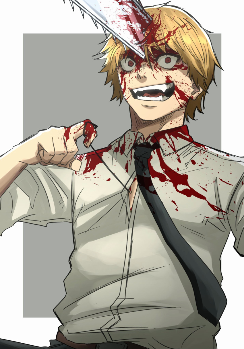 1boy black_necktie blonde_hair blood blood_on_clothes blood_on_face blood_on_hands brown_eyes chainsaw chainsaw_man constricted_pupils crazy_eyes crazy_smile denji_(chainsaw_man) highres male_focus necktie open_mouth pull_cord rinneko_art smile solo upper_body