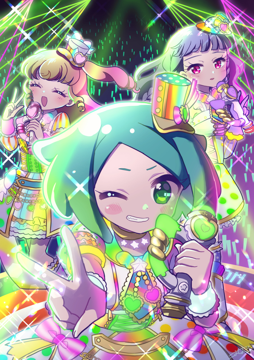 3girls :d blonde_hair blue_hair blunt_bangs blush commentary_request concert dress glowing glowstick gradient_hair green_eyes green_hair grey_hair grin hat highres holding holding_microphone idol idol_clothes idol_time_pripara koda_michiru kokichi_yoko long_hair looking_at_viewer microphone miichiru_(pripara) mini_hat multicolored_clothes multicolored_dress multicolored_hair multiple_girls music nijiiro_nino one_eye_closed open_mouth pretty_series pripara red_eyes short_hair singing smile stage stage_lights standing two_side_up v very_long_hair wavy_hair yumekawa_yui