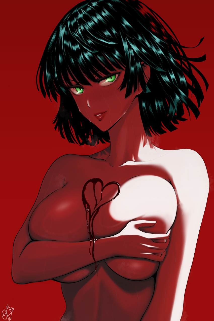 1girl absurdres armpit_crease armpit_peek black_hair breast_hold breast_press breasts candy chocolate chocolate_on_body chocolate_on_breasts completely_nude convenient_arm covered_nipples covering_breasts covering_privates food food_on_body fubuki_(one-punch_man) green_eyes hand_on_own_chest heart heart-shaped_chocolate highres large_breasts looking_at_viewer mostlybluewyatt no_bra nude one-punch_man red_background short_hair simple_background smile solo steam steaming_body sweat upper_body valentine