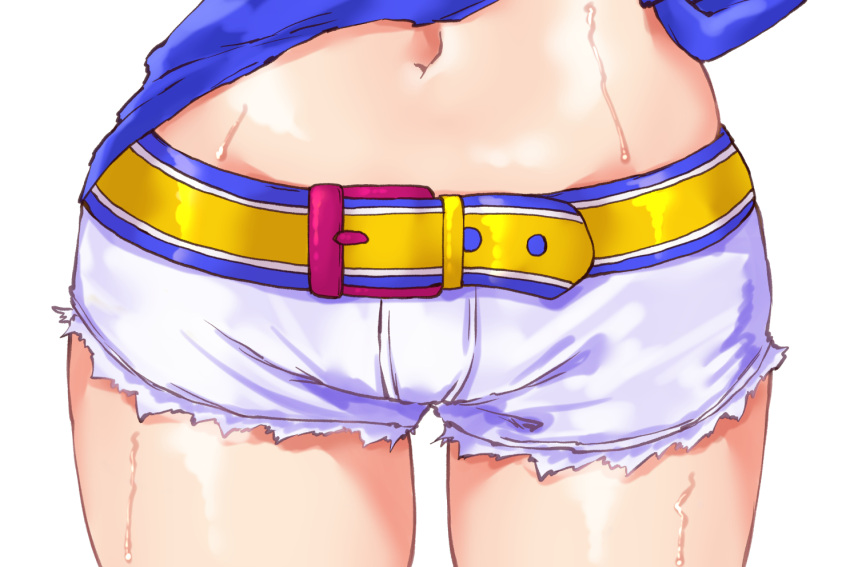 1girl animal_ears asake_ameji belt blue_shorts commentary_request cowboy_shot cutoffs daitaku_helios_(umamusume) horse_ears horse_girl looking_at_viewer midriff navel navel_focus shorts simple_background solo sweat umamusume white_background white_shorts yellow_belt