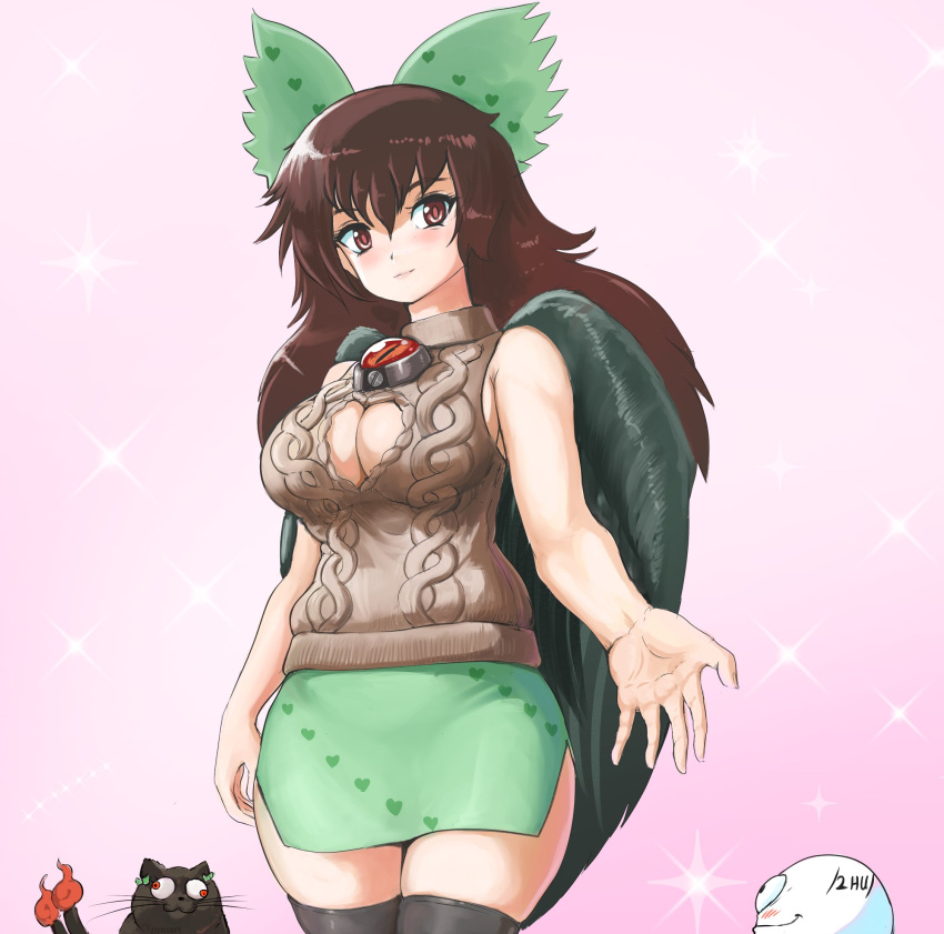 1boy 1girl black_thighhighs blush bow brown_eyes brown_hair cat cleavage_cutout closed_mouth clothing_cutout commentary cowboy_shot english_commentary green_bow green_skirt hair_bow highres kaenbyou_rin kaenbyou_rin_(cat) long_hair looking_at_viewer meme_attire pink_background profitshame reiuji_utsuho skirt solo_focus thighhighs third_eye touhou virgin_killer_sweater