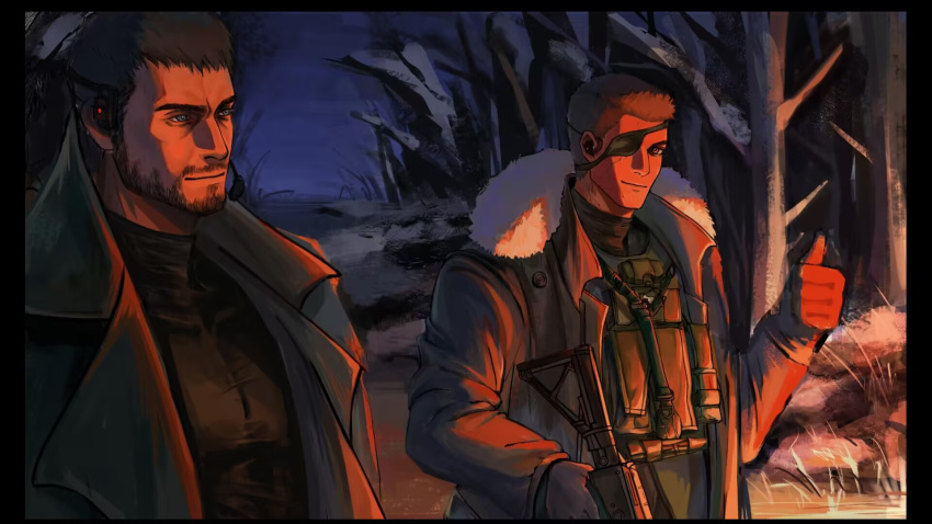 2boys alternate_universe black_coat black_hair black_shirt bomber_jacket canghai chris_redfield coat eyepatch fire highres holding holding_weapon jacket looking_at_another multiple_boys night open_clothes open_coat outdoors piers_nivans resident_evil resident_evil_6 resident_evil_village shirt short_hair smile snow standing thumbs_up upper_body weapon