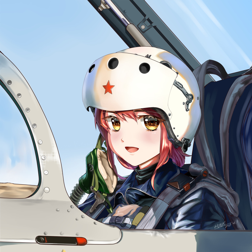 1girl absurdres aircraft airplane close-up fighter_jet helmet highres hunk03 j-7 jet looking_at_viewer mask military_vehicle open_cockpit oxygen_mask people's_liberation_army people's_liberation_army_air_force pilot pilot_helmet pilot_suit red_hair red_star sidelocks solo star_(symbol) unworn_mask upper_body war_thunder yellow_eyes