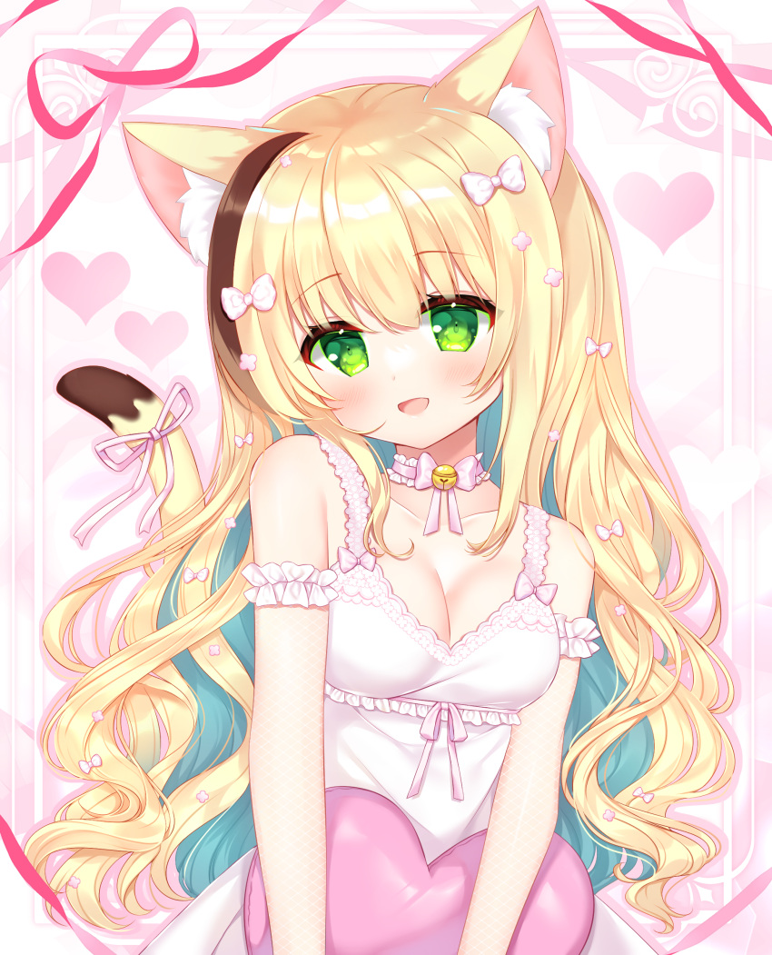 1girl :d absurdres animal_ear_fluff animal_ears bare_shoulders bell blonde_hair blue_hair blush breasts brown_eyes cat_ears cat_girl cat_tail choker cleavage collarbone commentary_request dress green_eyes hair_between_eyes head_tilt heart highres jingle_bell looking_at_viewer medium_breasts multicolored_hair neck_bell original pink_choker shikito sleeveless sleeveless_dress smile solo streaked_hair tail two-tone_hair valentine white_dress