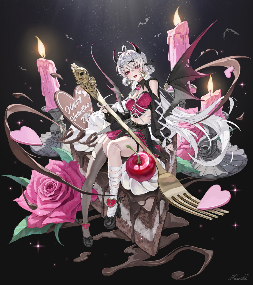 1girl :d absurdres antenna_hair bandaged_leg bandages cake cake_slice candle crop_top demon_horns demon_wings earrings flower food fork full_body giant_fork grey_hair hair_ornament heart heart_antenna_hair heart_earrings heartki high_heels highres holding holding_fork horns jewelry long_hair looking_at_viewer multicolored_nails original oversized_food oversized_object pink_flower pink_rose red_eyes rose single_thighhigh sitting smile solo thighhighs torn_clothes torn_thighhighs very_long_hair wings x_hair_ornament