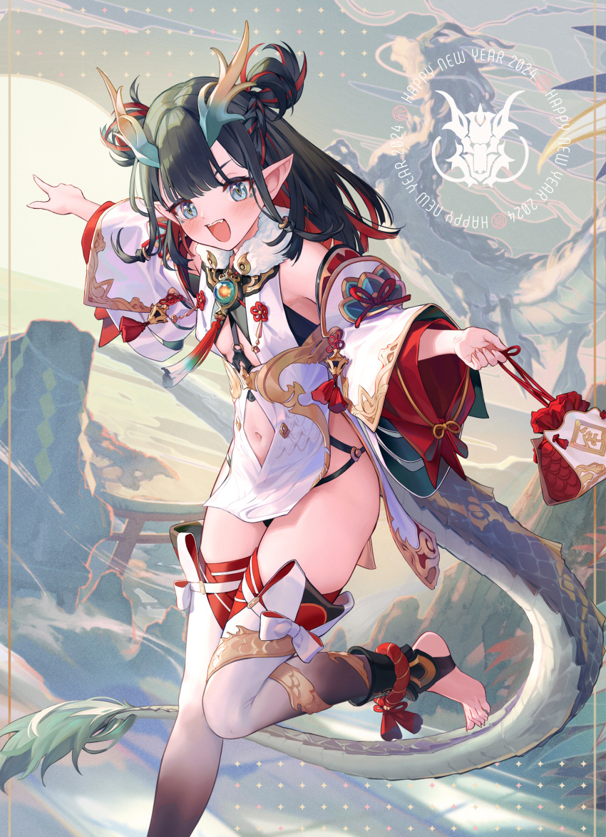 1girl 2024 chinese_zodiac detached_sleeves dragon_girl dragon_horns dragon_tail dress green_eyes green_skirt highres horns long_hair long_sleeves looking_at_viewer navel original pointing pointy_ears skirt smile solo tail teeth toes u_jie upper_teeth_only white_dress year_of_the_dragon