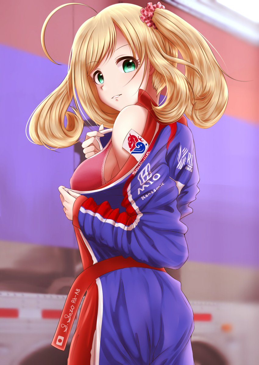 1girl ahoge blonde_hair bra breasts character_name dressing from_side green_eyes hair_ornament hair_scrunchie highres honda idolmaster idolmaster_cinderella_girls japanese_flag jumpsuit looking_at_viewer medium_breasts motor_vehicle multicolored_jumpsuit parted_lips purple_jumpsuit racing_suit red_bra red_jumpsuit sato_shin scrunchie single_stripe single_vertical_stripe smile solo truck twintails underwear yanparap