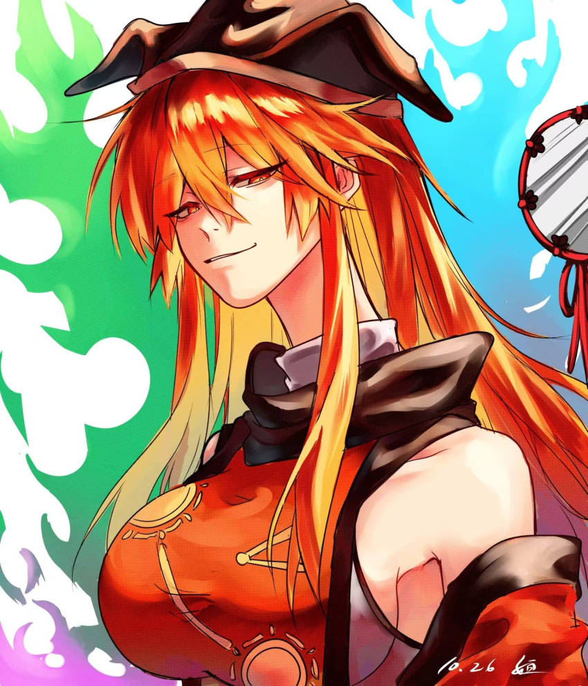 1girl black_headwear black_trim blonde_hair breasts chinese_commentary commentary_request crossed_bangs dated detached_sleeves hair_between_eyes hat heng_(heng798616) highres large_breasts long_hair matara_okina orange_sleeves orange_tabard sideboob sidelocks smirk solo tabard touhou yellow_eyes