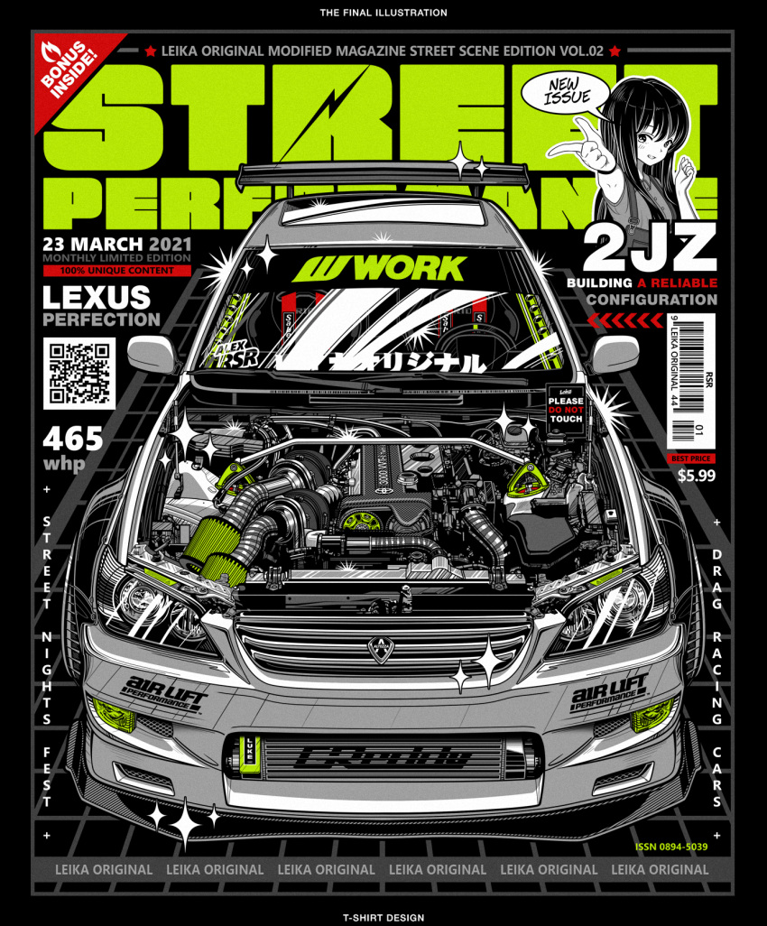 1girl 2021 alex_rsr arrow_(symbol) artist_name barcode car cover engine fake_magazine_cover highres long_hair magazine_cover motor_vehicle original pointing qr_code smile sparkle spoiler_(automobile) spot_color stance_(vehicle) toyota toyota_altezza turbocharger vehicle_focus