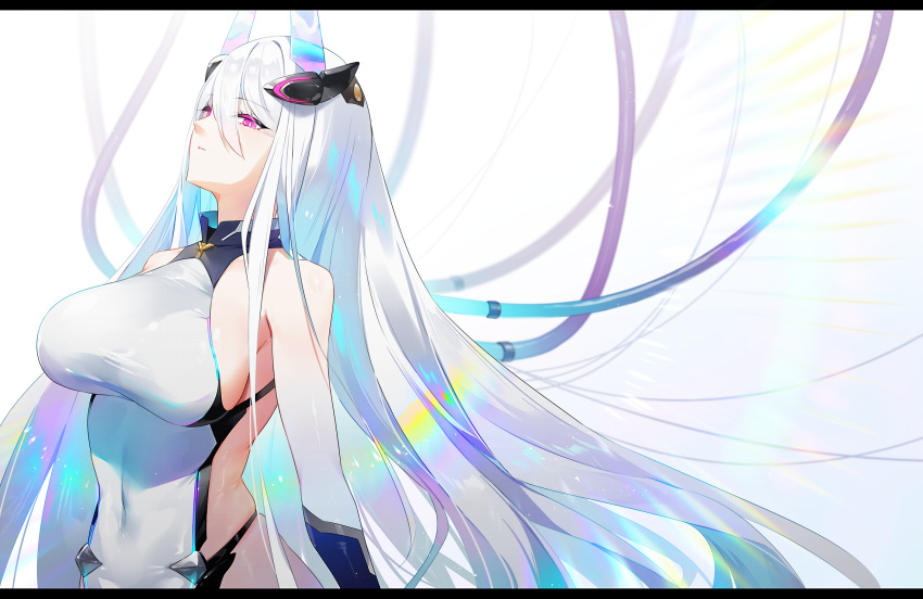 1girl azur_lane bare_shoulders covered_navel headgear highres impossible_clothes impossible_leotard kazu_satou kearsarge_(azur_lane) leotard long_hair red_eyes sideless_leotard simple_background solo very_long_hair white_background white_hair white_leotard