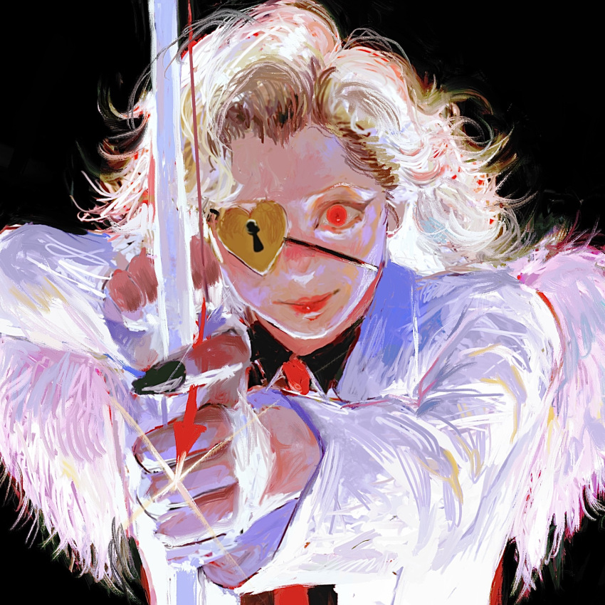 1girl aiming aiming_at_viewer arrow_(projectile) black_background black_nails black_shirt blonde_hair bow_(weapon) closed_mouth commentary cryborg english_commentary eyepatch heart heart_eyepatch highres holding holding_arrow holding_bow_(weapon) holding_weapon jacket lock long_sleeves looking_at_viewer nail_polish necktie one_eye_covered original red_eyes red_necktie shirt simple_background solo upper_body weapon white_jacket white_wings wings