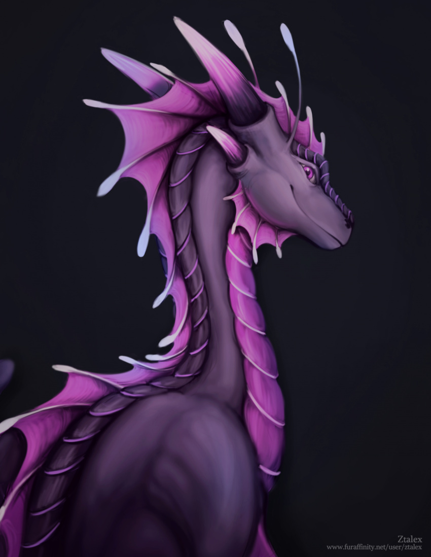4_horns ambiguous_gender black_body black_scales dorsal_frill dragon feral frill_(anatomy) hi_res horn membrane_(anatomy) multi_horn purple_body purple_eyes purple_horn purple_membrane purple_scales scales scalie solo ztalex