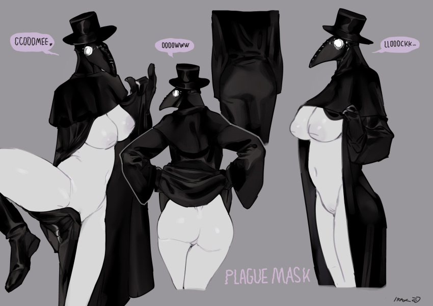 &lt;3 animal_mask areola beak_mask bebebebebe boots breasts butt clothing dialogue female footwear genitals gloves grey_background handwear hi_res humanoid mask nipples plague_doctor pussy pussy_tuft rear_view signature simple_background solo solo_focus speech_bubble