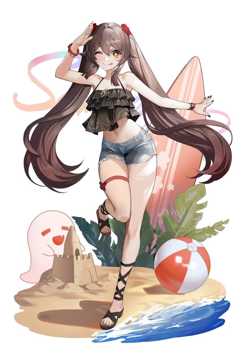 1girl ;p absurdres alternate_costume arm_up ball bare_shoulders beach beachball bead_bracelet beads black_camisole black_nails bracelet breasts brown_hair camisole chungla cleavage denim denim_shorts floating_hair flower frilled_camisole frills full_body genshin_impact ghost hair_flower hair_ornament highres hu_tao_(genshin_impact) jewelry knee_up leaf legs long_hair midriff navel one_eye_closed planted_surfboard plum_blossoms red_eyes salute sand sand_castle sand_sculpture sandals shorts solo standing standing_on_one_leg surfboard symbol-shaped_pupils thigh_strap thighs tongue tongue_out torn_clothes torn_shorts twintails wristband