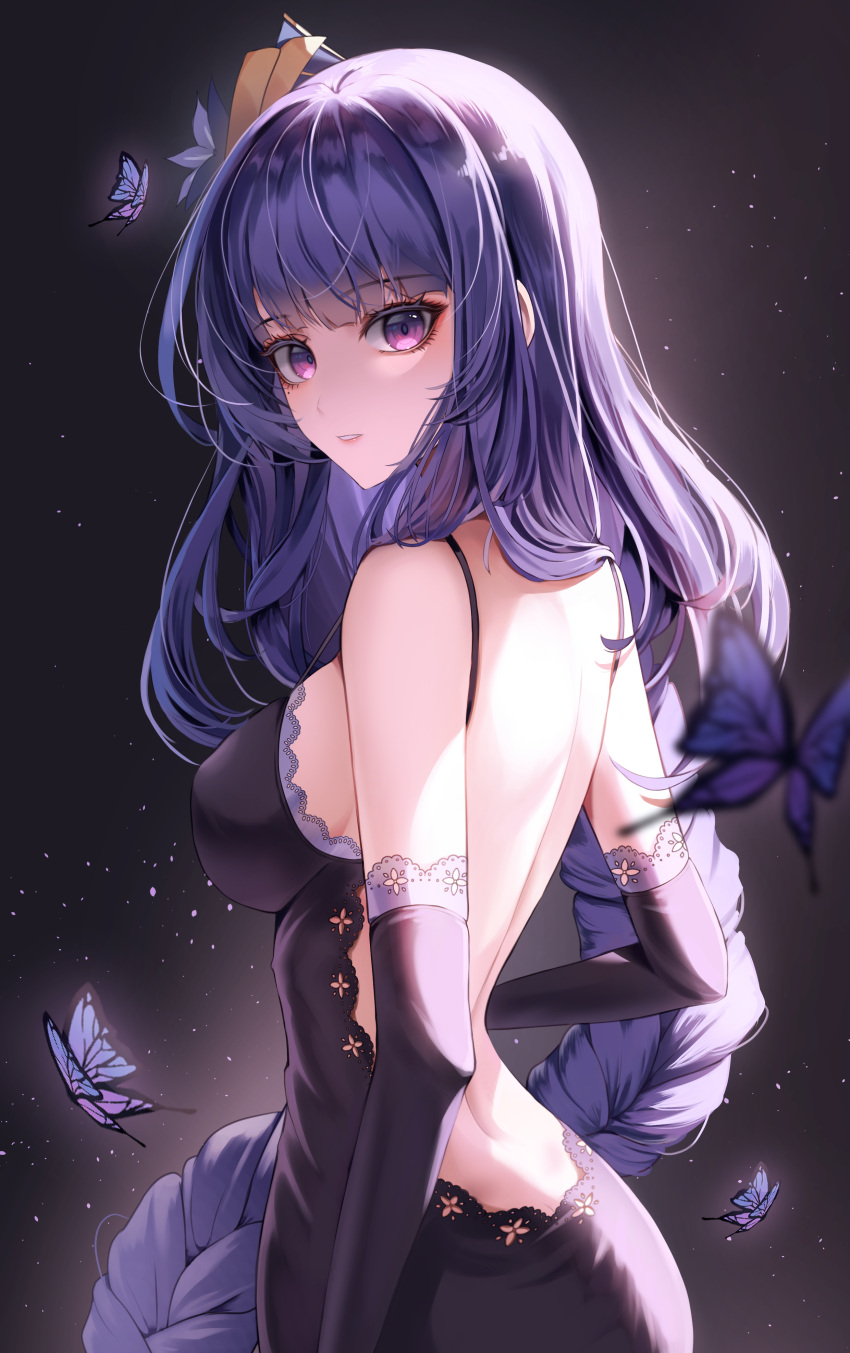 1girl absurdres back backless_outfit bangs bare_back bare_shoulders breasts bug butterfly dress elbow_gloves genshin_impact gloves hair_ornament highres lace_trim large_breasts long_hair looking_at_viewer looking_back mole mole_under_eye parted_lips purple_dress purple_eyes purple_gloves purple_hair raiden_shogun yoonsol