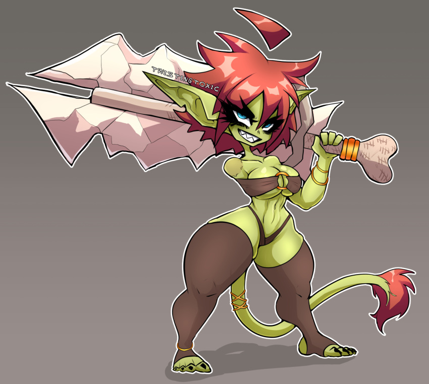 amputee breasts cleavage clothed clothing disability female goblin green_body green_skin hi_res holding_object holding_sword holding_weapon humanoid legwear melee_weapon missing_arm not_furry solo sword thigh_highs twistingtoxic weapon wide_hips