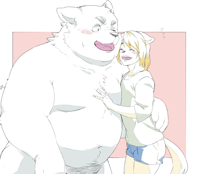 2022 belly big_belly blush bottomwear canid canine canis clothing domestic_dog duo embrace hi_res hug humanoid_hands inunoshippo male mammal moobs navel overweight overweight_male shirt shorts simple_background topwear