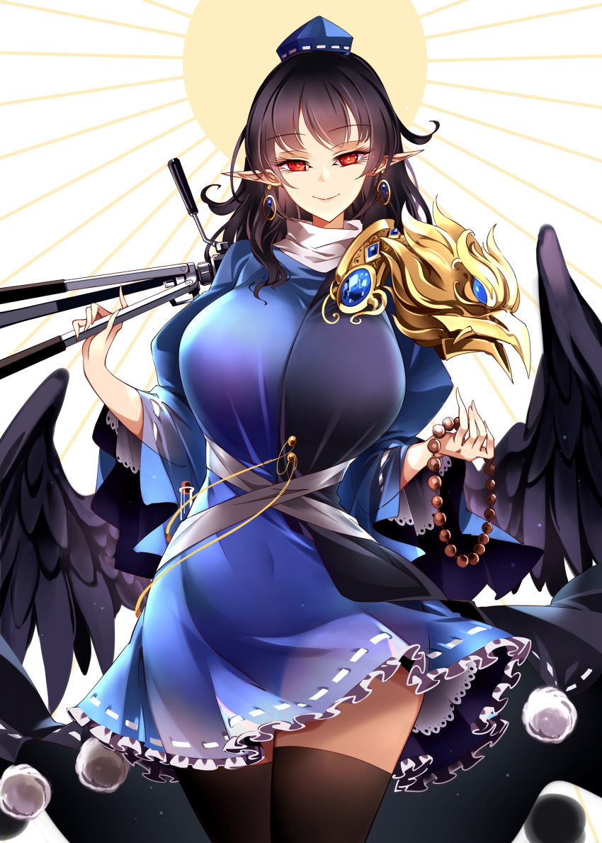 1girl absurdres bird_wings black_coat black_hair black_thighhighs black_wings blue_dress blue_headwear breasts closed_mouth coat cowboy_shot dress earrings feathered_wings frilled_dress frills hat highres holding holding_tripod iizunamaru_megumu jewelry large_breasts long_hair long_sleeves pointy_ears pom_pom_(clothes) raptor7 red_eyes shoulder_guard sleeveless sleeveless_coat smile solo thighhighs tokin_hat touhou tripod wings