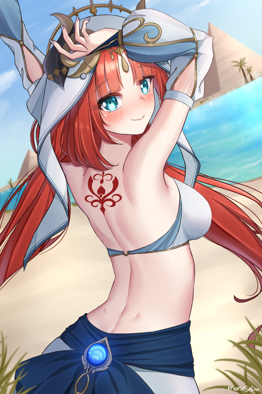 1girl arched_back armpits arms_up back back_tattoo bangs bare_shoulders blue_eyes breasts closed_mouth dancer day detached_sleeves dimples_of_venus from_behind genshin_impact highres horns long_hair looking_at_viewer looking_back maru.selinn medium_breasts midriff nilou_(genshin_impact) oasis outdoors parted_bangs pyramid red_hair revealing_clothes smile solo tattoo upper_body veil vision_(genshin_impact)