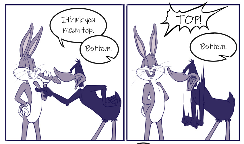 accusation anatid angry anseriform anthro argument avian bird bugs_bunny comic daffy_duck duck eating eating_food fist gesture hands_on_hips hi_res kcnite lagomorph leporid looney_tunes male male/male mammal pointing rabbit smug warner_brothers yelling