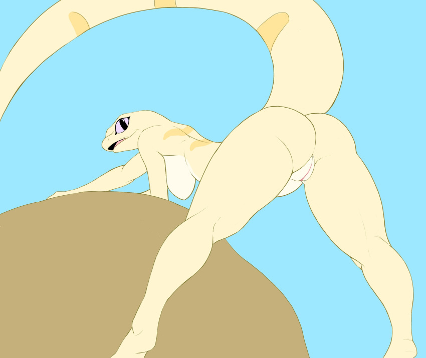 2022 anthro bent_over breasts butt f_draws female genitals hanging_breasts hi_res lizard looking_at_viewer looking_back looking_back_at_viewer non-mammal_breasts nude open_mouth presenting presenting_hindquarters presenting_pussy pussy rear_view reptile scalie solo yellow_body