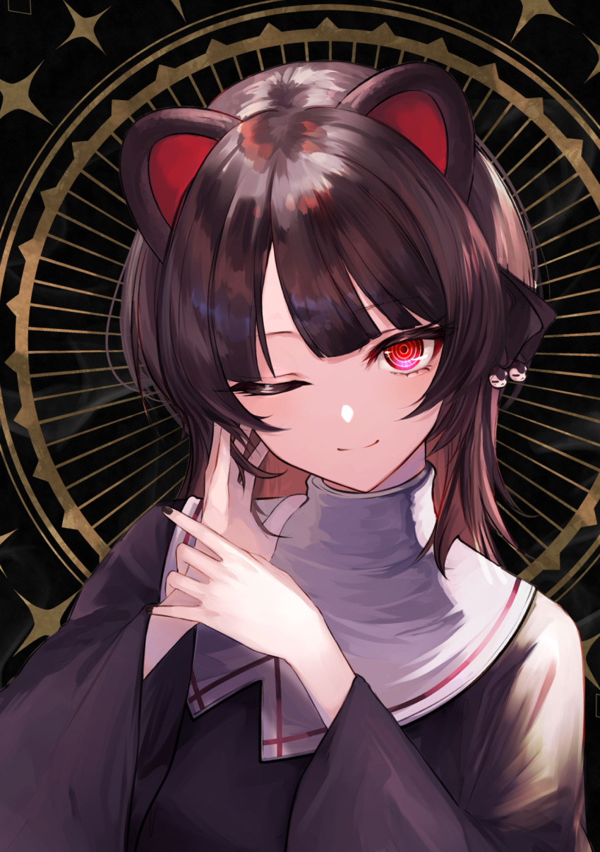 1girl ;) animal_ears bangs black_background black_dress black_hair brown_hair closed_mouth commentary_request dog_ears dress hands_up highres inui_toko jazztaki long_hair long_sleeves looking_at_viewer multicolored_hair nijisanji one_eye_closed red_eyes ringed_eyes smile solo two-tone_hair virtual_youtuber wide_sleeves
