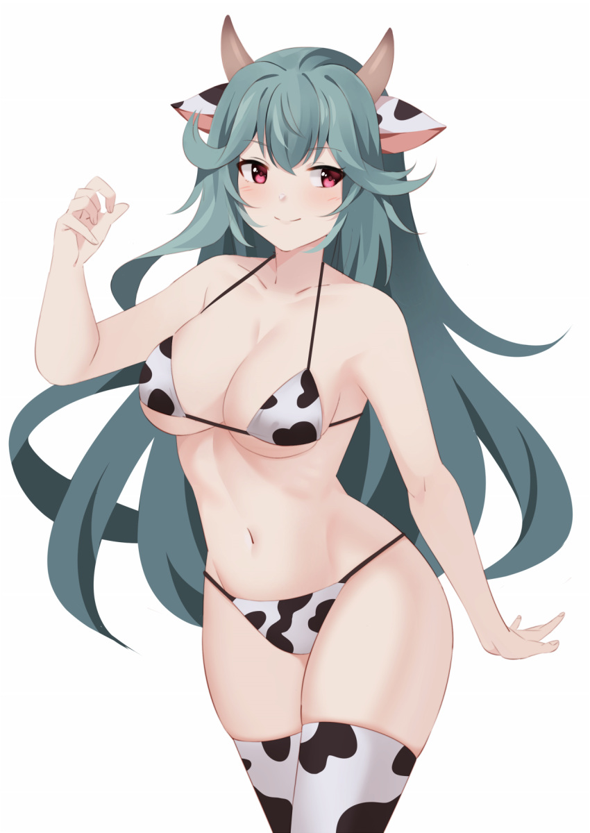 1girl animal_ears animal_print bikini blue_hair blush breasts chaos_aurora cleavage cow_ears cow_horns cow_print grimms_notes highres horns long_hair looking_to_the_side miya_star_saa navel red_eyes simple_background smile solo swimsuit white_background