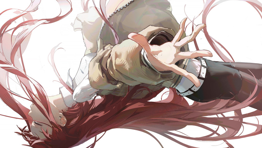 1girl belt black_pantyhose black_shorts breasts brown_jacket brown_pantyhose chinese_commentary closed_eyes commentary cowboy_shot dino_(dinoartforame) eyelashes falling floating_hair from_side highres jacket legwear_under_shorts long_hair long_sleeves makise_kurisu off_shoulder open_clothes open_jacket outstretched_arms pantyhose parted_lips profile red_hair shirt shorts simple_background solo spread_arms steins;gate very_long_hair white_background white_shirt