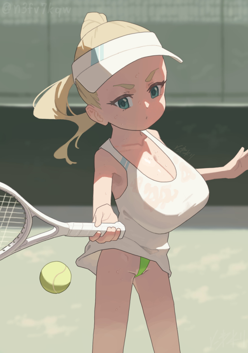 1girl ball blonde_hair blue_eyes breasts cleavage dress green_panties highres huge_breasts niwatori5948 oppai_loli original panties ponytail racket solo sportswear tennis_ball tennis_dress tennis_racket tennis_uniform underwear visor_cap white_dress