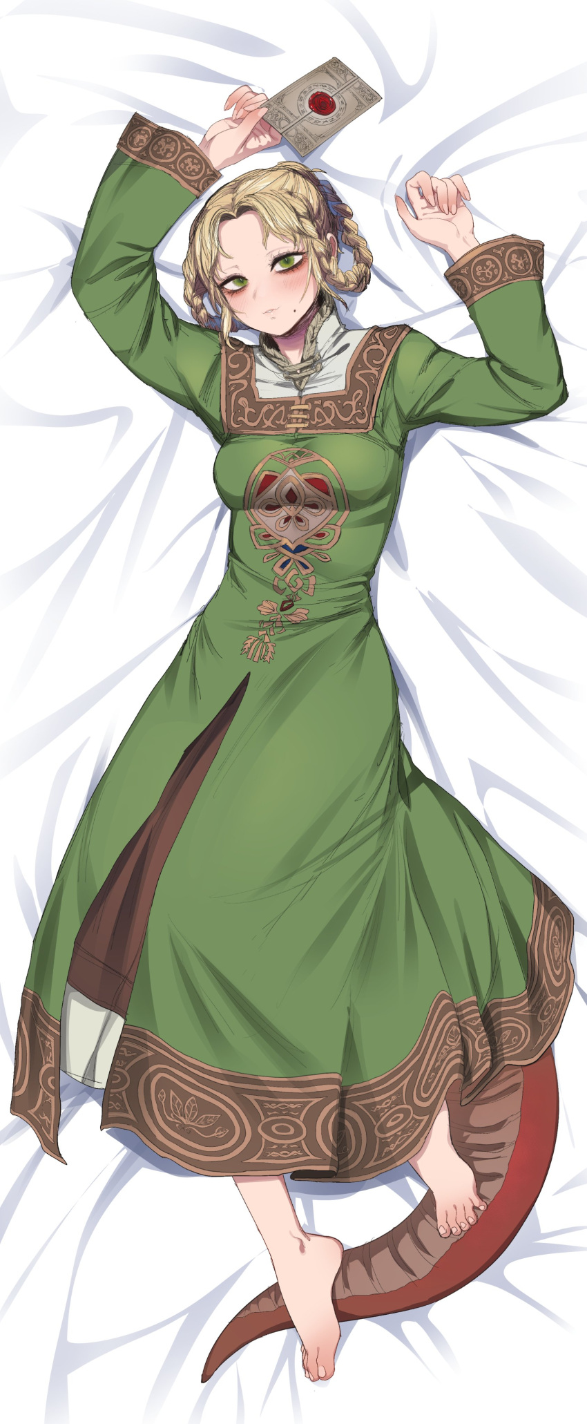 2022 absurd_res animal_humanoid barefoot bird's-eye_view blonde_hair clothed clothing dakimakura_design difman dress elden_ring feet female fromsoftware front_view full-length_portrait green_clothing green_dress green_eyes hair hi_res high-angle_view humanoid looking_at_viewer lying on_back portrait reptile reptile_humanoid scalie scalie_humanoid snake_humanoid solo video_games zorayas zorayas_(human_form)