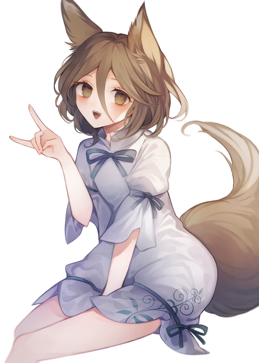 1girl animal_ears between_legs brown_hair fox_ears fox_shadow_puppet fox_tail hair_between_eyes hand_between_legs highres kudamaki_tsukasa neck_ribbon open_mouth ribbon simple_background solo tail touhou white_background wiriam07