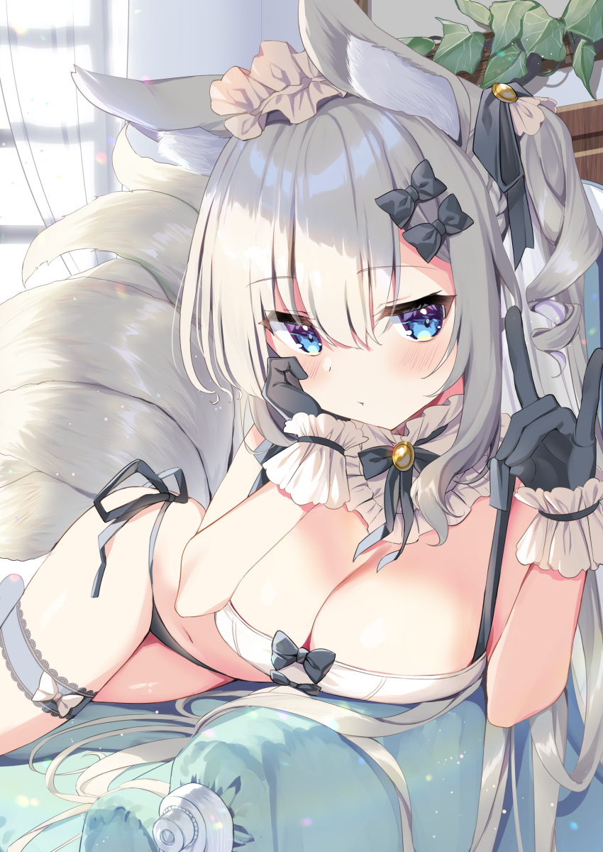 1girl \n/ absurdres animal_ears bare_arms bare_shoulders bikini black_bikini black_bow black_gloves blue_eyes bow bowtie breasts brooch cleavage closed_mouth commentary detached_collar drill_hair expressionless fox_ears fox_girl fox_tail gloves hair_bow hand_on_own_cheek hand_on_own_face hands_up headdress highres holding holding_strap jewelry kitsune lace_trim large_breasts long_hair looking_at_viewer lying mismatched_bikini multiple_tails natsuki_marina navel on_side one_side_up original side-tie_bikini solo stomach string_bikini swimsuit tail thigh_strap thighs white_bikini white_hair wrist_cuffs