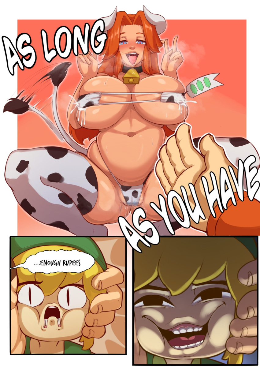 2021 animal_bikini animal_humanoid animal_print big_breasts bikini blonde_hair bodily_fluids bovid bovid_humanoid bovine bovine_humanoid breast_squish breasts cattle_humanoid cd-i clothed clothing comic cow_bikini cow_print cow_stockings crouching curvaceous curvy_figure dialogue double_v_sign english_text female female_focus genital_fluids gesture group hair hi_res horn huge_breasts humanoid hylian lactating legwear male malon mammal mammal_humanoid milk morshu navel nintendo nudiedoodles orange_hair pattern_clothing pattern_swimwear pussy_juice solo_focus squish stockings swimwear tail_motion tailwag text the_legend_of_zelda thigh_highs toon_link trio v_sign video_games voluptuous wind_waker