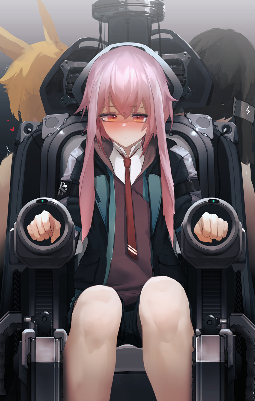 3boys animal_ears ansel_(arknights) arknights ayerscarpe_(arknights) bangs black_hair blonde_hair blush bound bound_legs bound_wrists chair clenched_hand grey_background hair_between_eyes heart highres jacket leonhardt_(arknights) long_hair machine male_focus mo_ne multiple_boys necktie open_mouth otoko_no_ko pants pink_hair rabbit_boy rabbit_ears red_eyes shirt short_hair simple_background sitting solo_focus steam sweat trait_connection