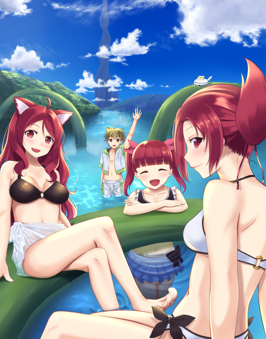 1boy 3girls :d ahoge animal_ears arm_up back bangs bikini bikini_skirt black_bikini black_bow black_choker blue_background blue_skirt blue_sky blunt_bangs blush bow brown_eyes brown_hair choker closed_eyes closed_mouth cloud cloudy_sky collarbone commentary_request cowboy_shot crossed_legs day eyelashes feet_out_of_frame folded_ponytail foot_out_of_frame fox_ears fox_girl frilled_tankini from_behind green_background hair_ribbon highres hood hood_down hoodie kemurikusa leaning_forward legs long_hair looking_at_viewer looking_back medium_hair middouei_(ms-alma-tribe) multicolored_background multiple_girls navel o-ring o-ring_bikini o-ring_top open_hand open_mouth partially_submerged raised_eyebrows red_eyes red_hair red_ribbon ribbon rin_(kemurikusa) rina_(kemurikusa) ritsu_(kemurikusa) rock sarong short_hair shorts sidelocks sitting skirt sky smile standing stomach swimsuit tankini tower twintails wading wakaba_(kemurikusa) water waving white_background white_bikini white_hoodie white_shorts
