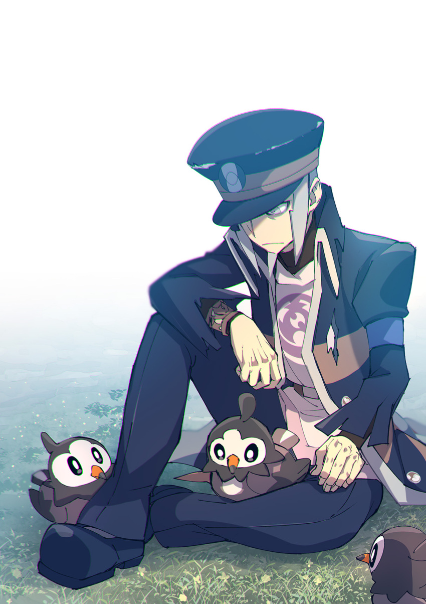 1boy belt belt_buckle bird black_coat black_footwear black_headwear black_pants brown_belt buckle closed_mouth coat commentary_request grey_eyes grey_hair hat high_collar highres ingo_(pokemon) long_sideburns male_focus mitsuha_(bless_blessing) pants peaked_cap pearl_clan_outfit pokemon pokemon_(creature) pokemon_(game) pokemon_legends:_arceus shoes short_hair sideburns sitting starly trench_coat