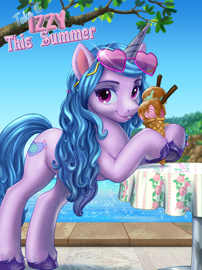 blue_hair dessert equid equine female feral food hair hasbro heart_glasses hi_res hooves horn horse humor ice_cream izzy_moonbow_(mlp) looking_at_viewer mammal mlp_g5 my_little_pony pencils_(artist) pony pun purple_body solo summer unicorn unicorn_horn