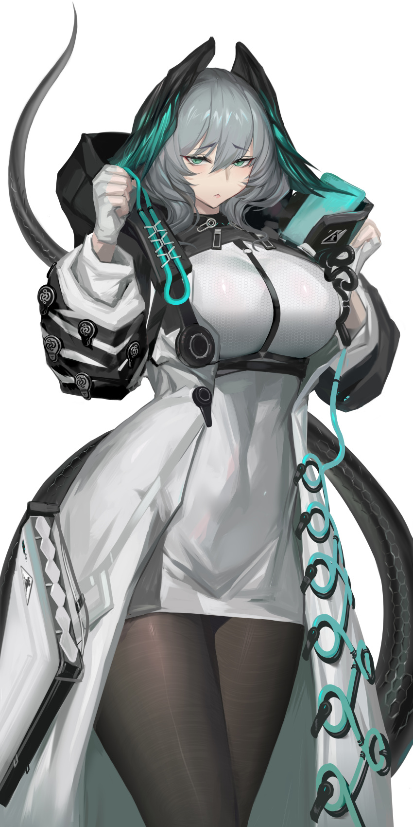1girl :&lt; absurdres arknights bangs black_pantyhose blue_eyes breasts chong_(547342983) coat commentary_request cowboy_shot dress fingerless_gloves gloves grey_gloves grey_hair hair_between_eyes hands_up highres horheyer_(arknights) large_breasts long_sleeves looking_at_viewer open_clothes open_coat pantyhose pencil_dress revision short_dress short_hair simple_background solo standing thighs white_background white_coat white_dress