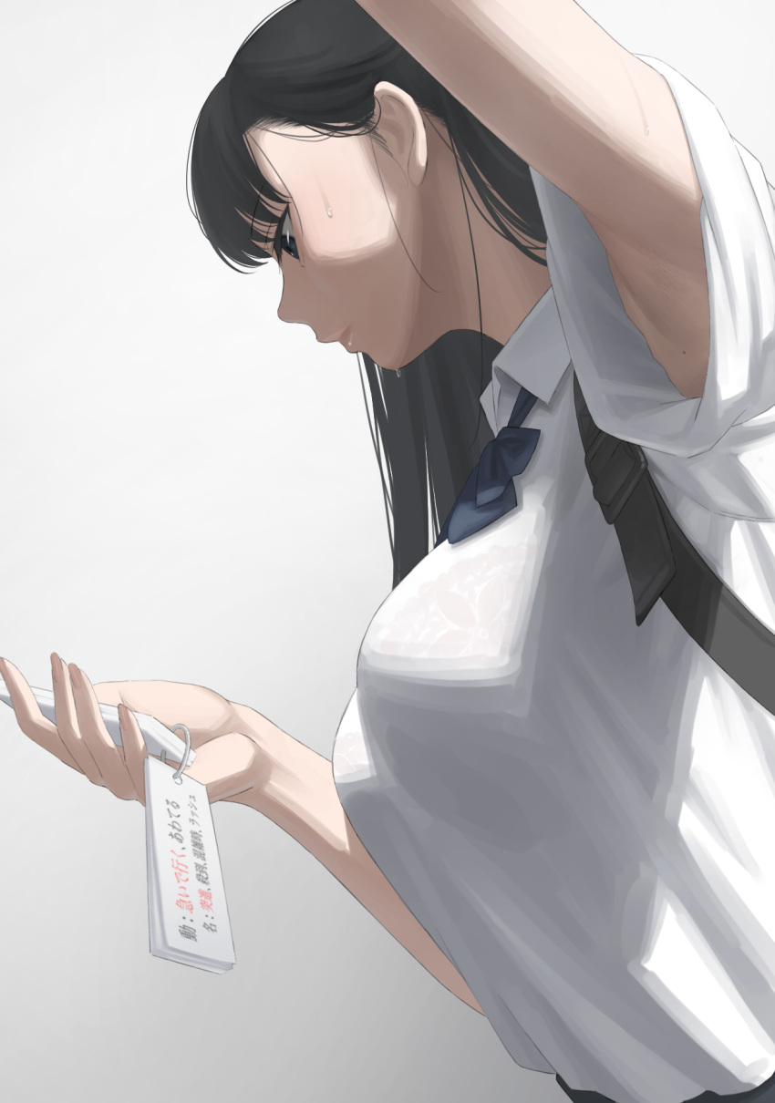 1girl armpits black_hair blue_bow blue_bowtie blue_eyes bow bowtie bra_visible_through_clothes breasts closed_mouth commentary_request gradient gradient_background grey_background highres holding kaminari_doon long_hair medium_breasts original school_uniform see-through shirt short_sleeves solo sweat translation_request wet wet_clothes wet_shirt white_shirt
