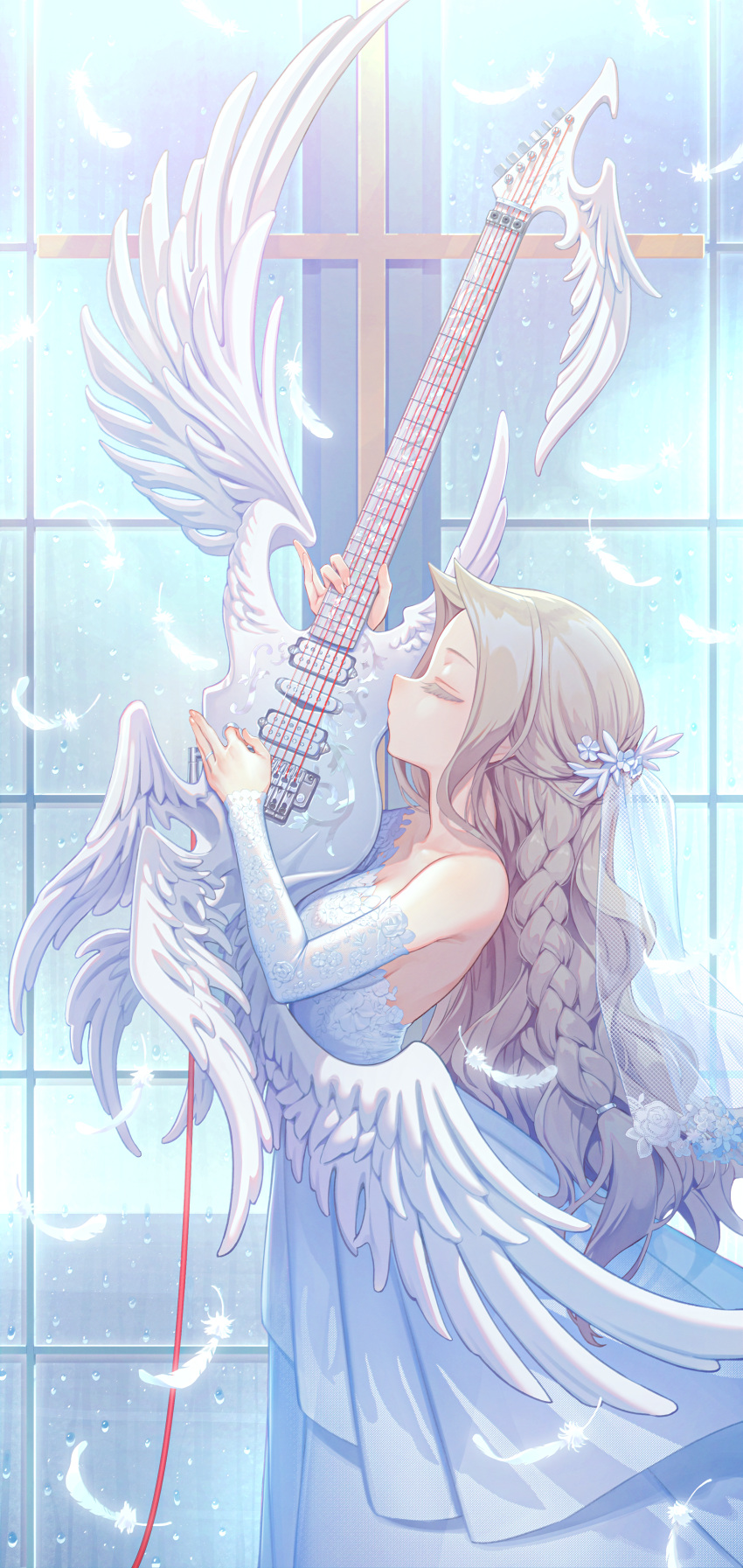 1girl absurdres braid closed_eyes closed_mouth detached_sleeves dress electric_guitar feathers from_side guitar hands_up highres instrument kurobuta_gekkan light_brown_hair long_hair music original playing_instrument solo white_dress