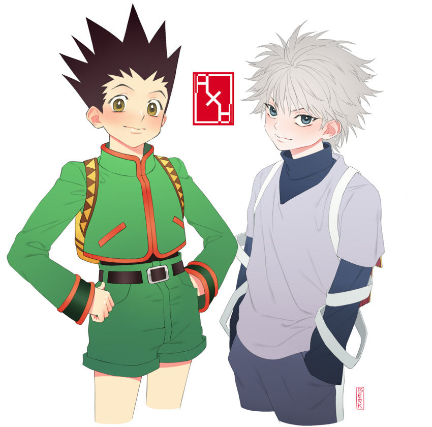 2boys backpack bag belt belt_buckle black_hair blue_eyes blush buckle closed_mouth gon_freecss green_shorts hands_in_pockets hands_on_hips highres hunter_x_hunter killua_zoldyck looking_at_viewer multiple_boys pinky_narakorn shorts smile spiked_hair white_hair