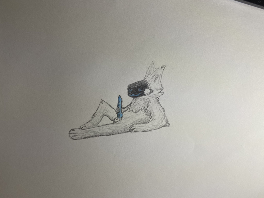 2022 anthro balls big_ears big_penis blue_penis colored fur genitals graphite_(artwork) hi_res kayasho knot machine male masturbation neck_tuft pencil_(artwork) penile_spines penis protogen solo traditional_media_(artwork) tuft uwu white_body white_fur